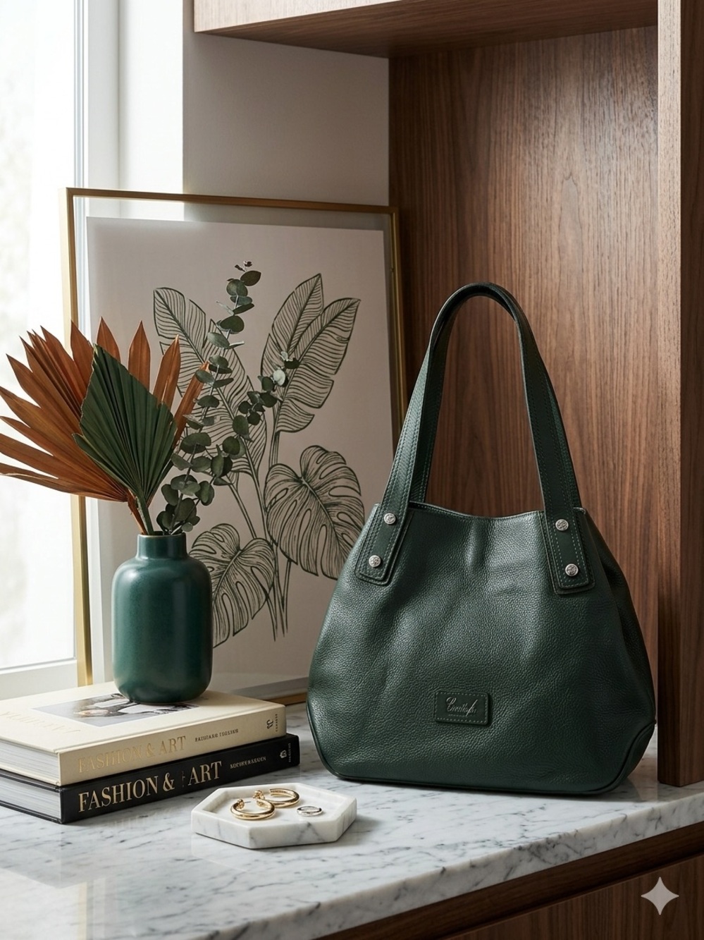 Cristina Italy Dark Green Pebbled Leather Tote Bag Shoulder Hobo Handbag